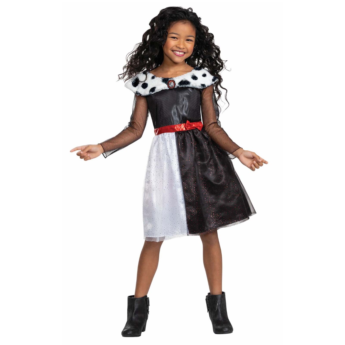 Kids Disney Cruella Costume with monochrome skirt and faux fur collar
