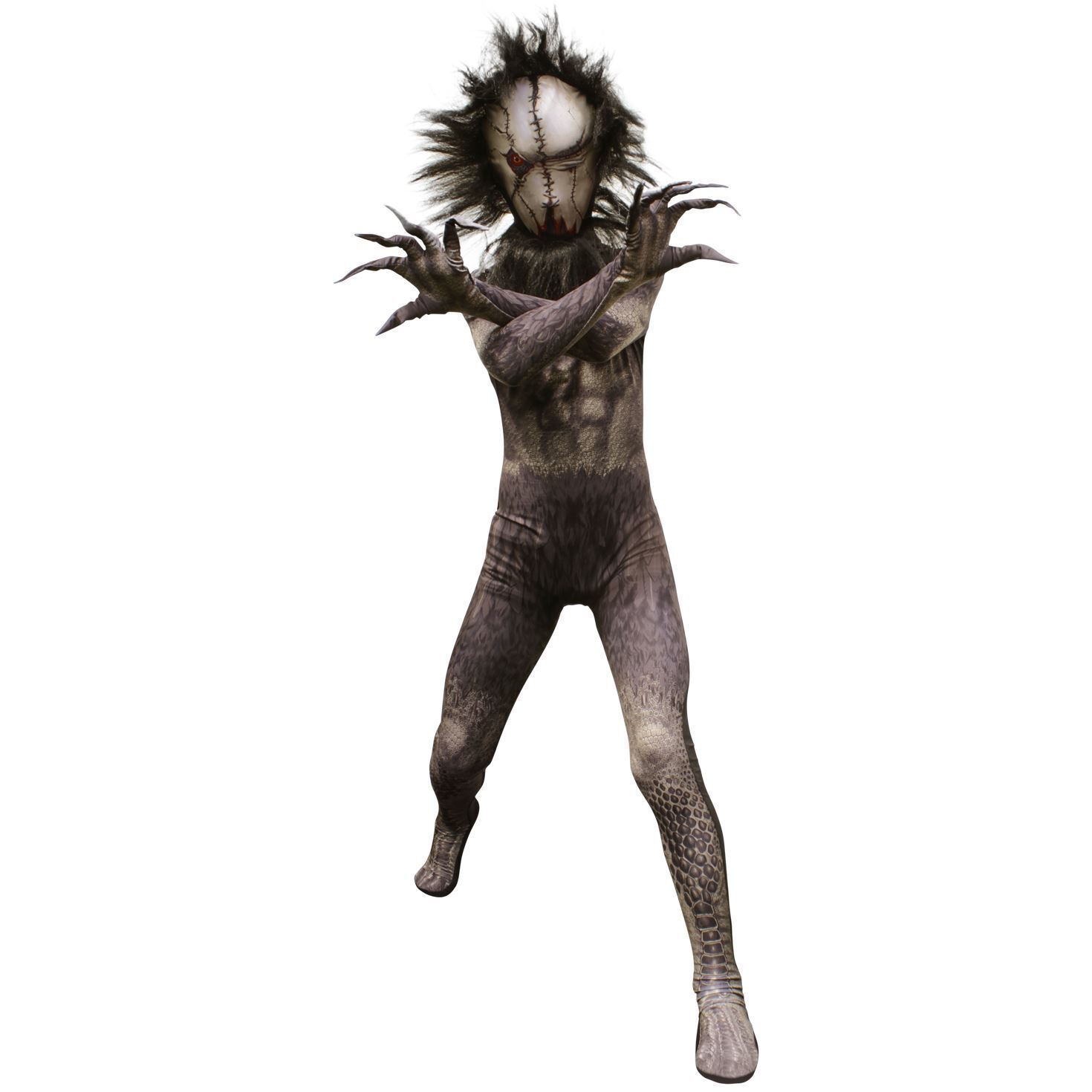 Kids Seedeater Morphsuit, grey creature print with a stitched face, wild dark hair and clawed hands