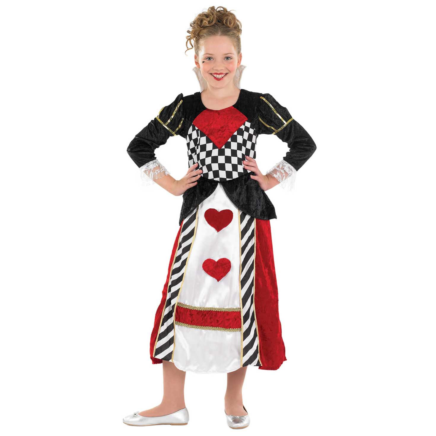Kids Fairytale Queen Costume, a long-sleeve velour dress in a red, black and white heart print