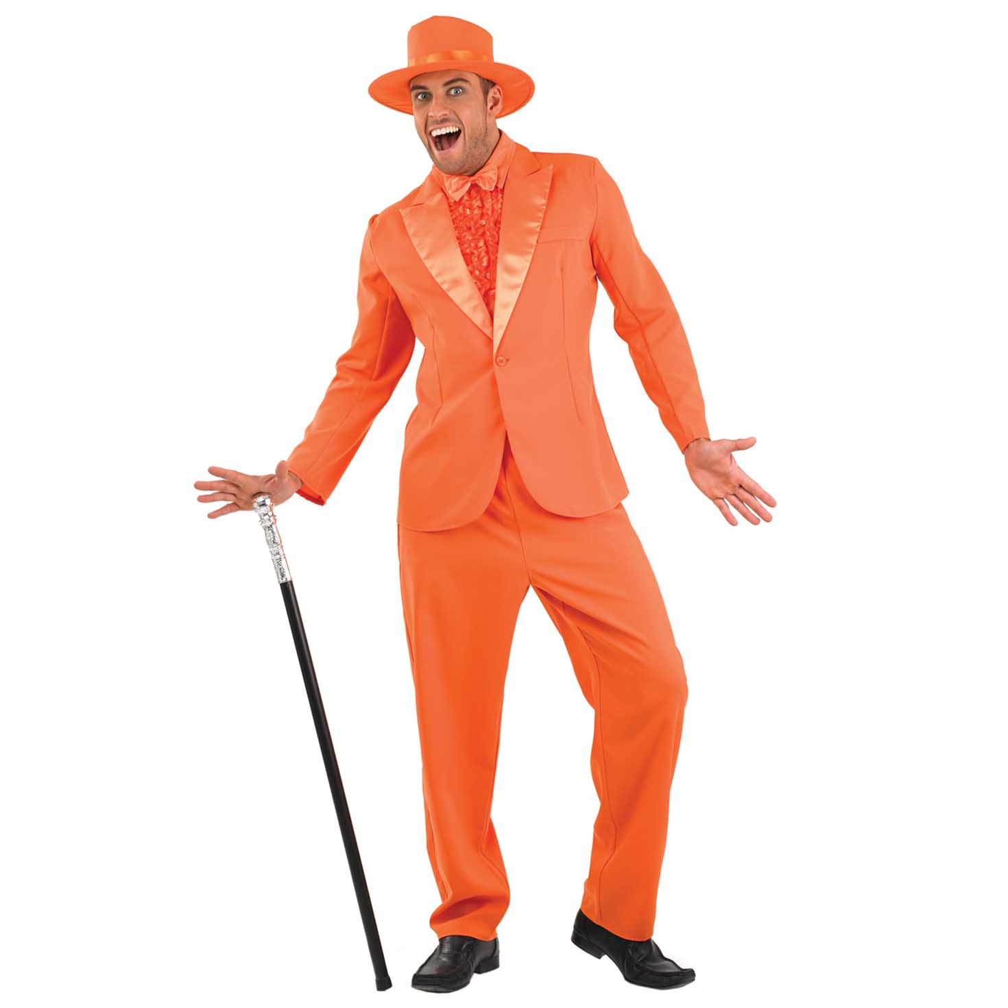 Mens Dumb Orange Suit 90s Costume with ruffle-front shirt insert and top hat