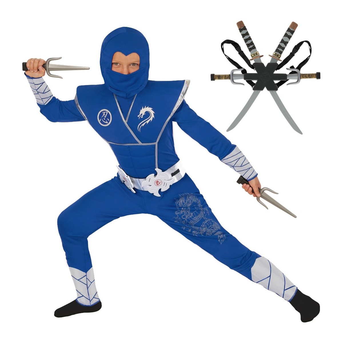 Kids Blue and Silver Ninja Costume With Backpack