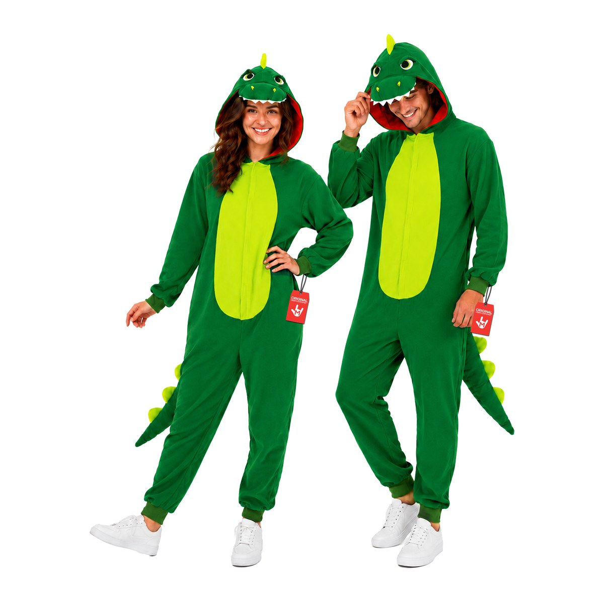Two adults wearing matching green dinosaur onesies with hoods