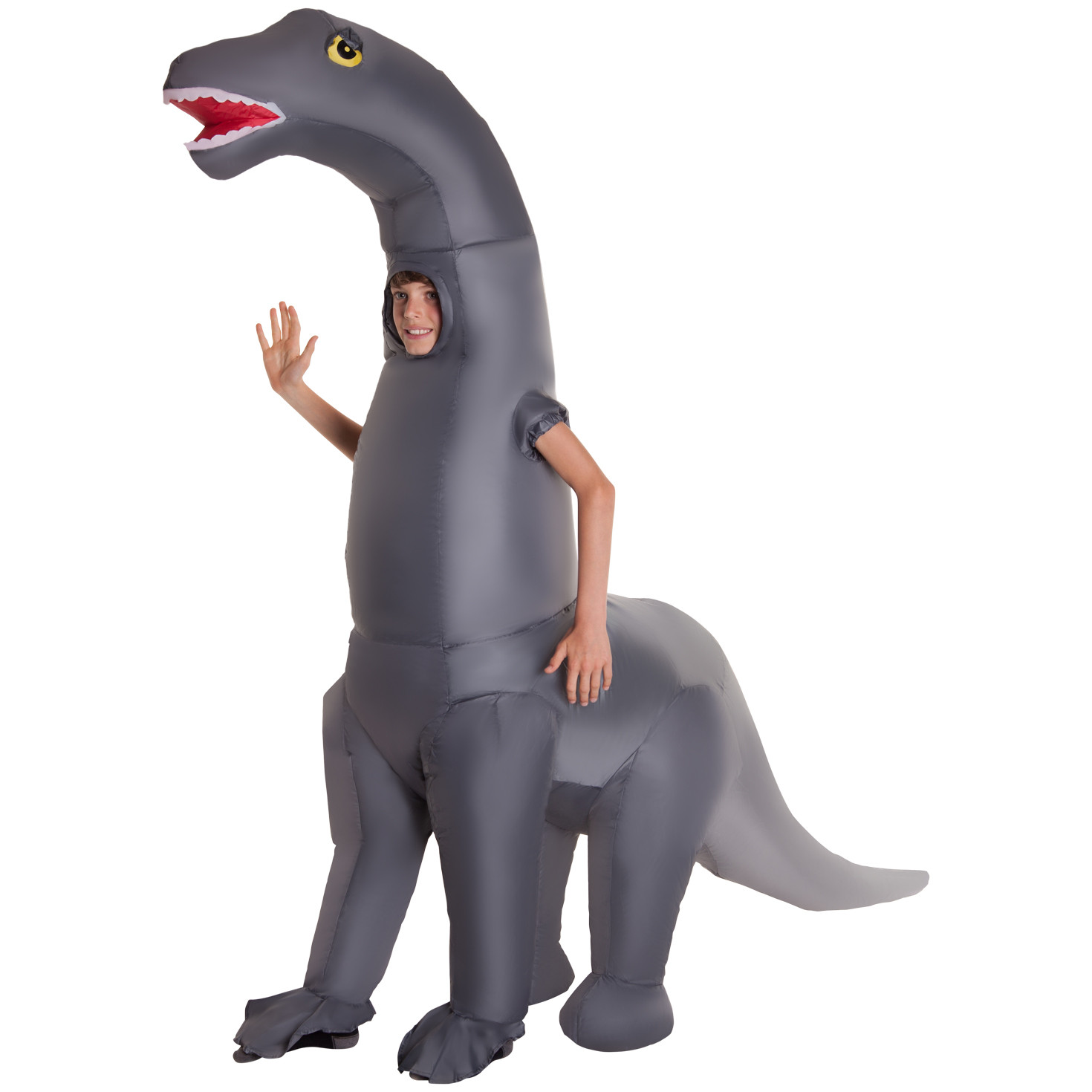 Kids inflatable Diplodocus dinosaur costume, head-free with a waving arm