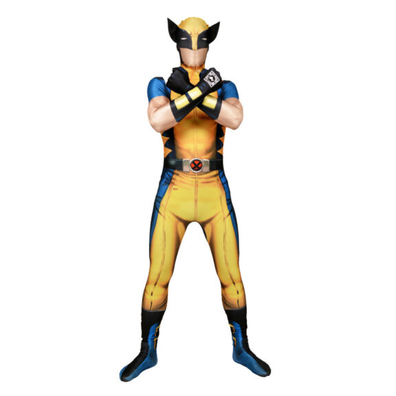 An adult in a yellow and blue full-body superhero morphsuit with a pointed-ear hood and an X-shaped belt