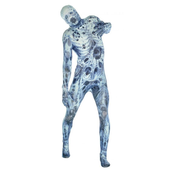 An adult in a blue-grey full-body morphsuit printed all over with spiders, webs and holes for a horror spider look