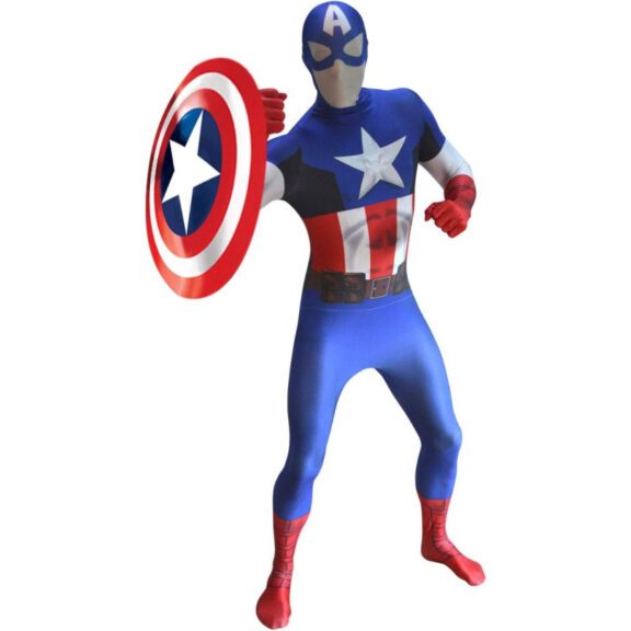 An adult in a blue full-body superhero morphsuit with red and white waist stripes and a white chest star, holding a round shield
