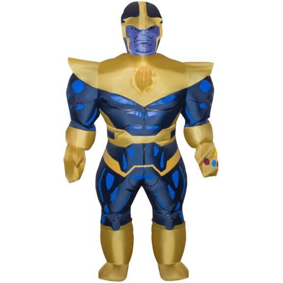An adult in a giant inflatable purple armored villain costume with a large gauntlet
