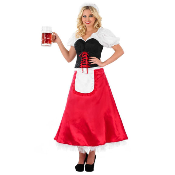 Woman wearing a red Oktoberfest dirndl fancy dress costume with apron and headband.