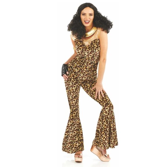 Woman wearing a leopard-print 90s pop star fancy dress jumpsuit with gold necklace, arm cuff and fingerless glove.