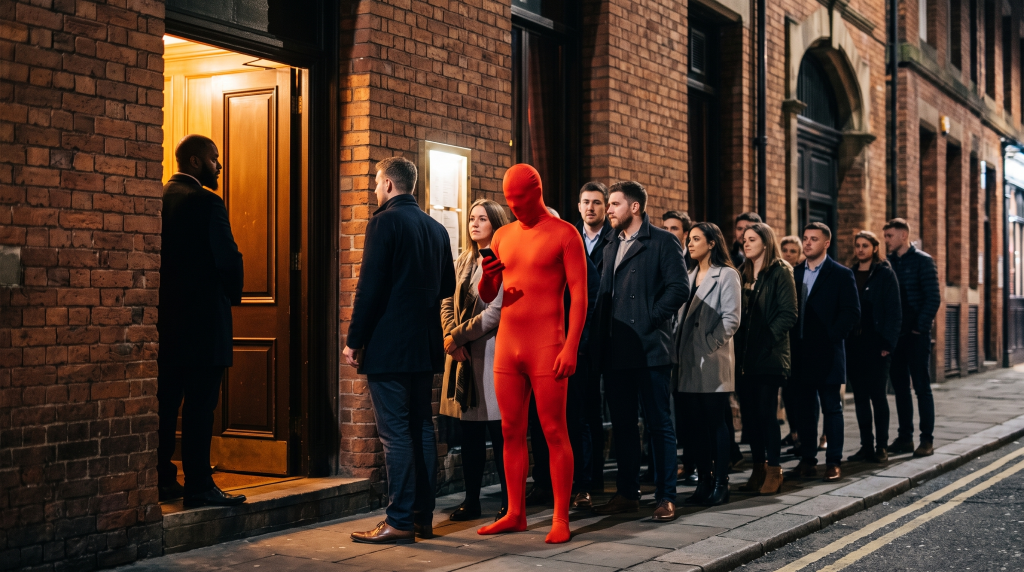 Person in a red morphsuit standing in a night-time bar queue in Liverpool among friends in normal clothes.