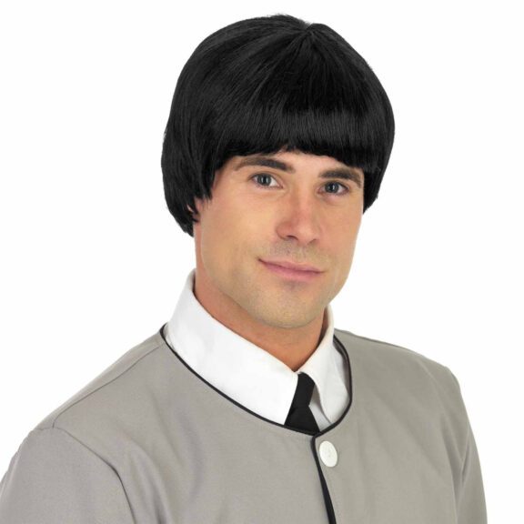 Black mop-top 60s style Mersey Beat wig from MorphCostumes on a white background.