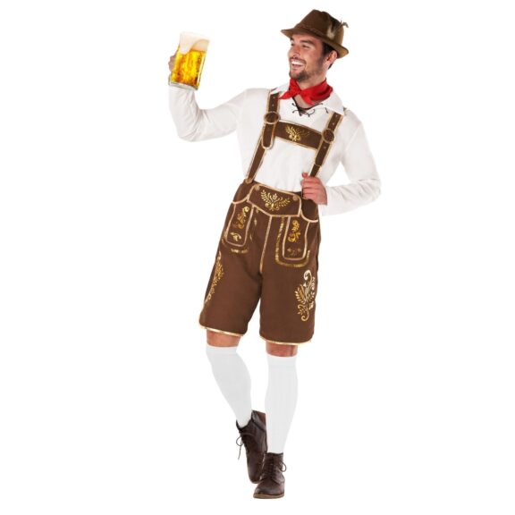 Man wearing a traditional Bavarian lederhosen fancy dress costume with shirt, necktie and hat.