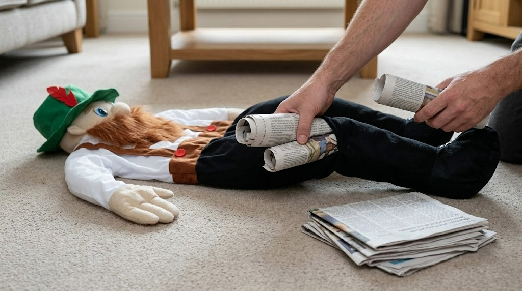 Hands stuffing rolled-up newspaper into the false legs of a piggyback costume laid out on a living-room floor
