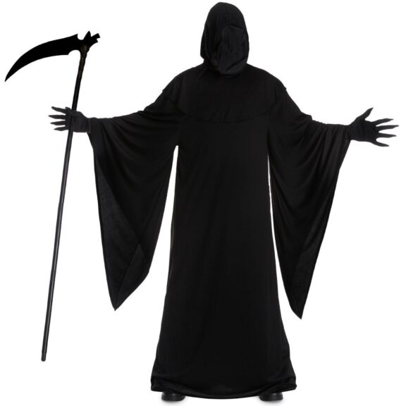 Black hooded floor-length reaper robe with long draped sleeves.