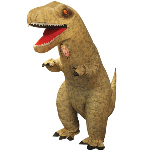 Oversized inflatable dinosaur costume worn over normal clothes, face visible at the chest.