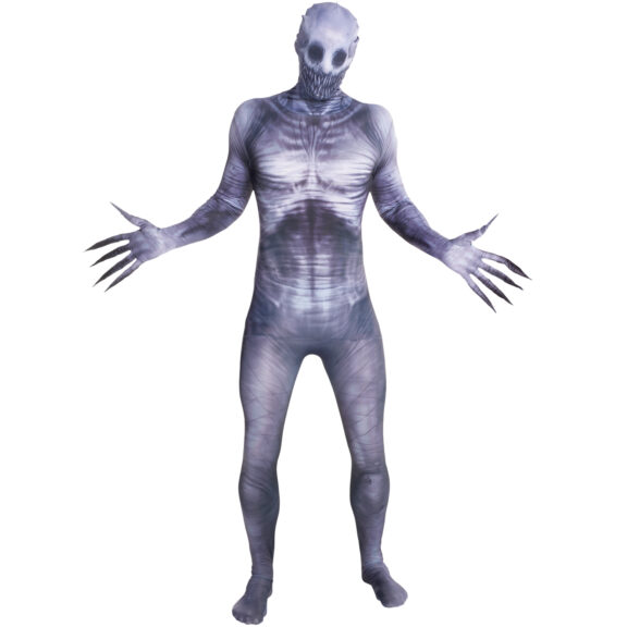Full-body horror morphsuit interpretation of a pale, hollow-eyed creature.
