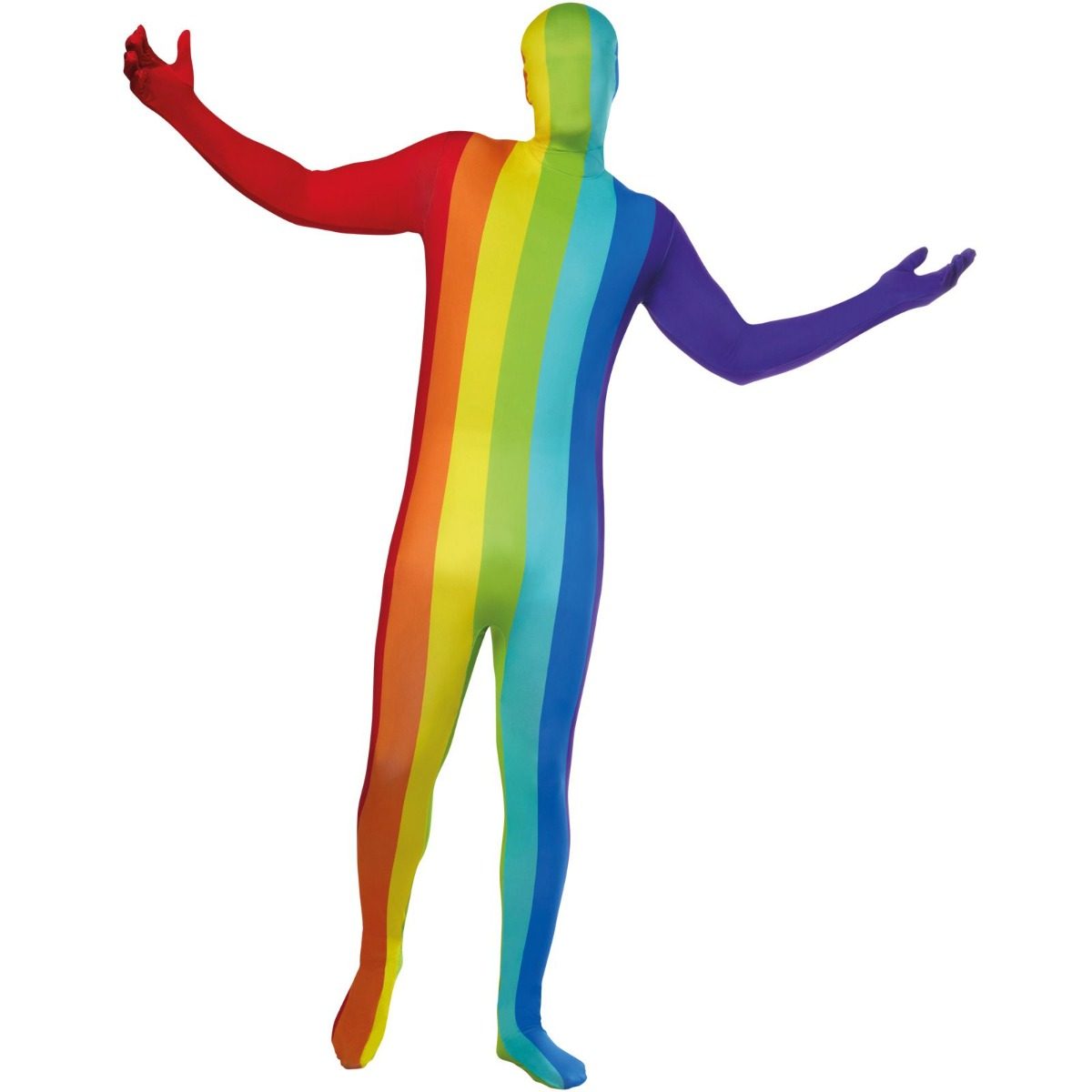 Rainbow Morphsuit, a full-body suit with bright vertical rainbow stripes in red, orange, yellow, green, blue and purple, worn by an adult