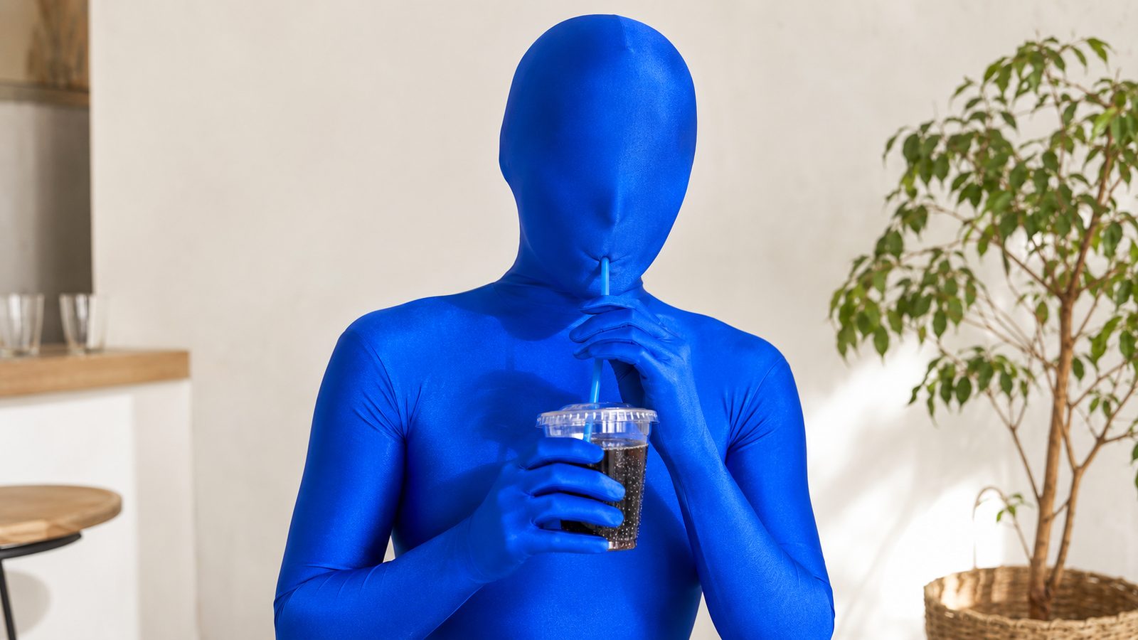 An adult in a solid-colour full-body Morphsuit sipping a drink straight through the face panel, showing you can see out and drink through the breathable fabric