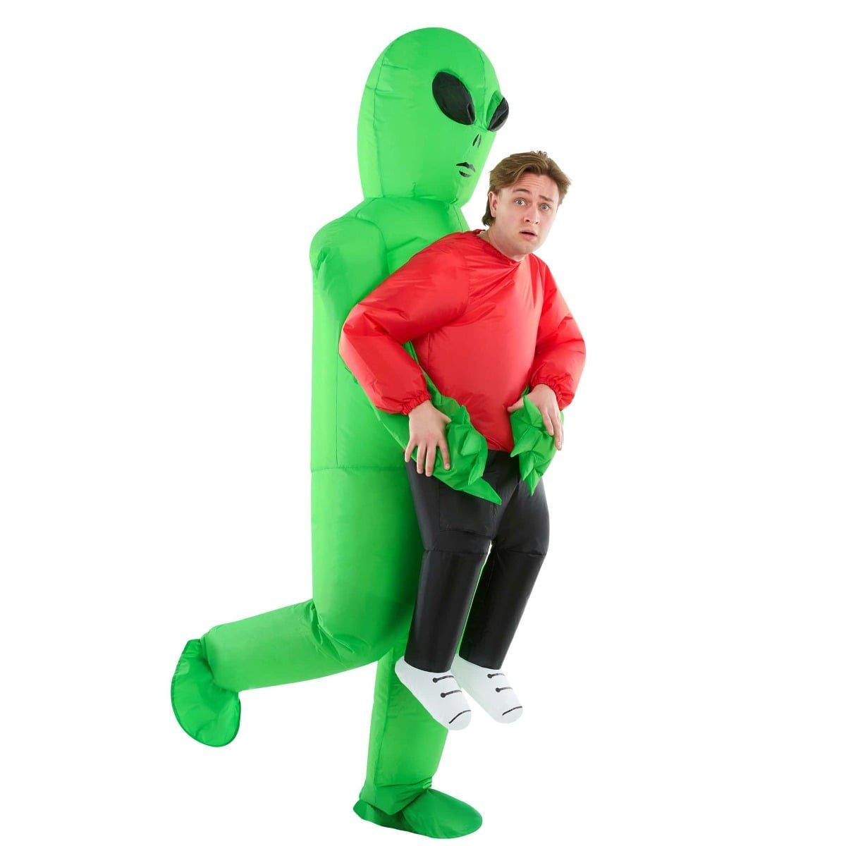 Inflatable alien pick me up costume with a green alien carrying a person in a red top whose fake legs dangle in front