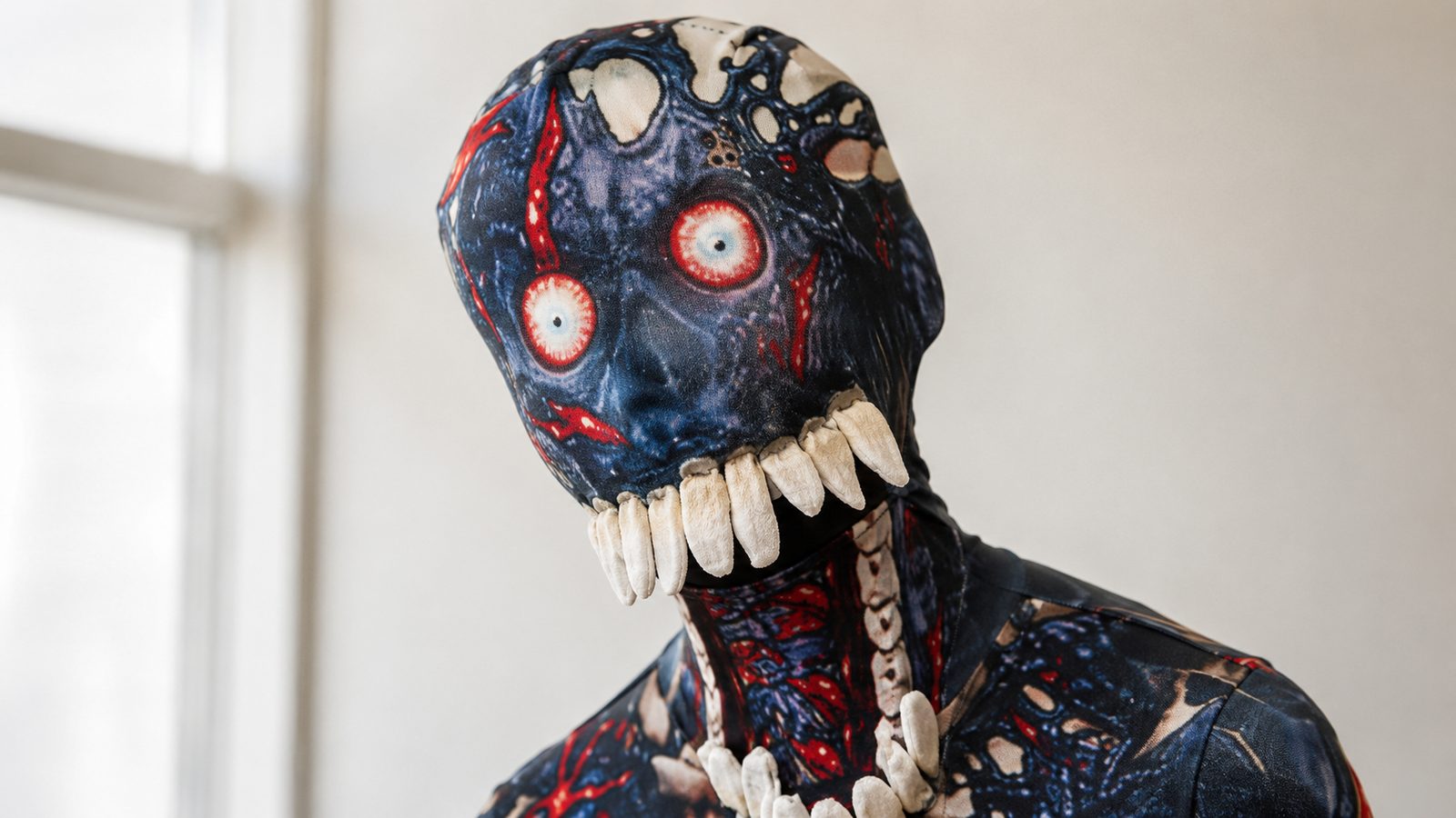 Close-up of the kids burnt zombie morphsuit hood showing the large 3D foam teeth and charred print