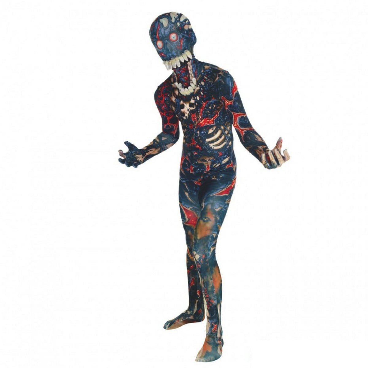 Kids jaw dropper burnt zombie morphsuit printed head to toe as charred zombie flesh with an exposed ribcage and a wide open mouth of large 3D teeth