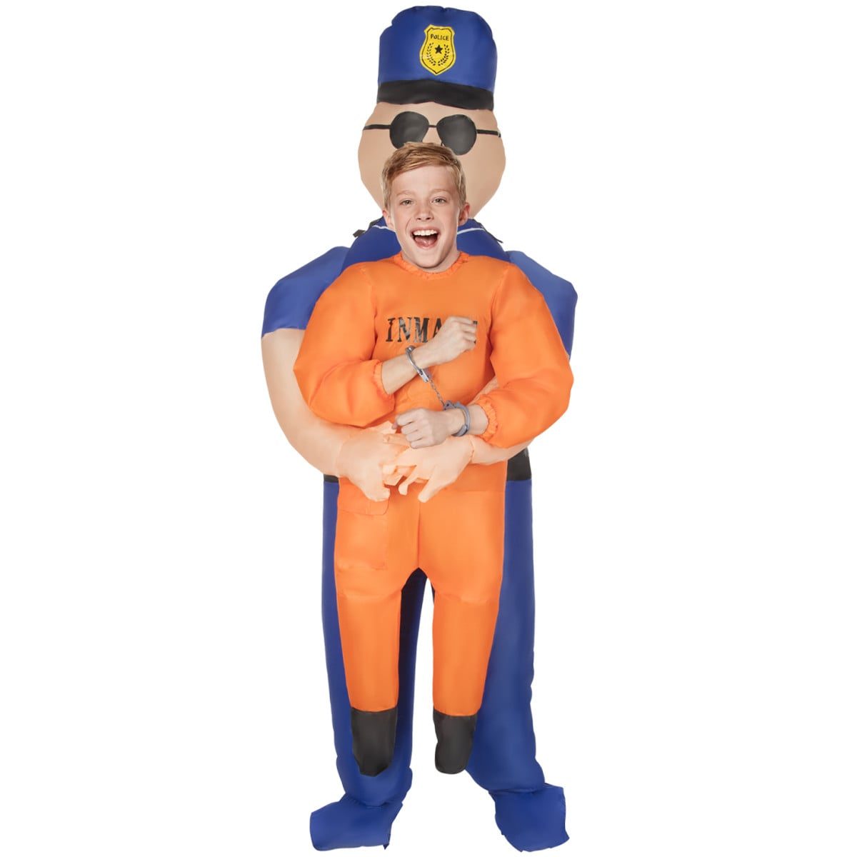 Kids inflatable police pick me up costume with a cartoon police officer in cap and sunglasses gripping a child in an orange inmate jumpsuit