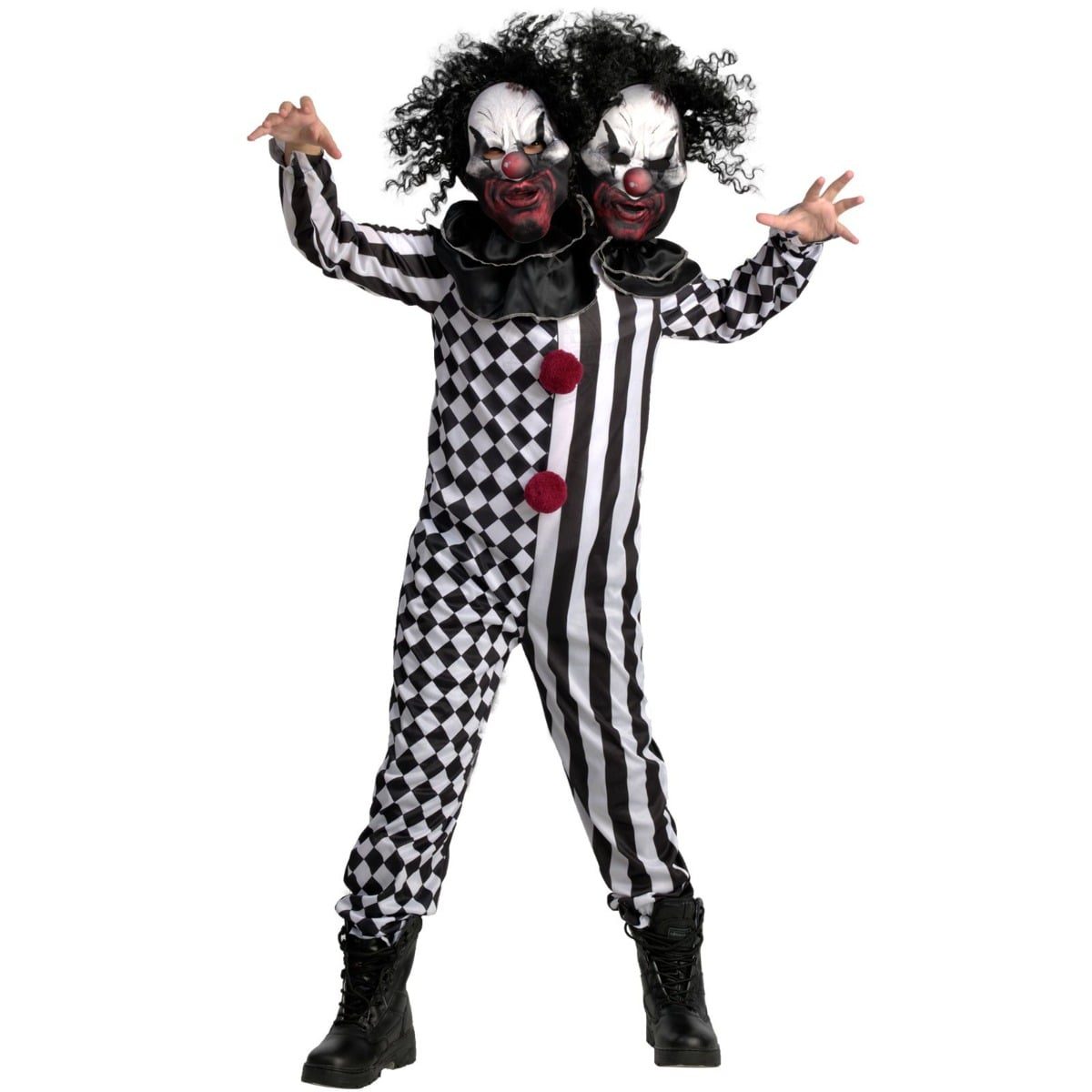Kids two headed clown costume with a black and white harlequin jumpsuit and two white-faced clown masks with wild black hair