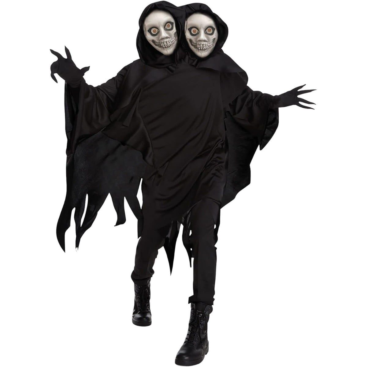 Two headed ghoul costume with a long black hooded robe, ragged sleeves and two grinning pale ghoul masks side by side in one wide hood