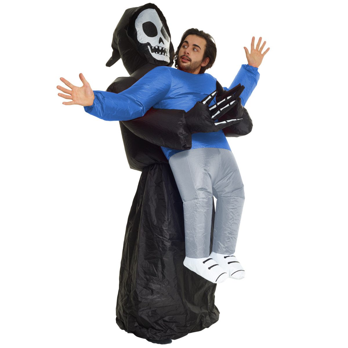 Inflatable grim reaper pick-me-up costume with skull face and skeleton-print hands carrying a fake blue-shirted body