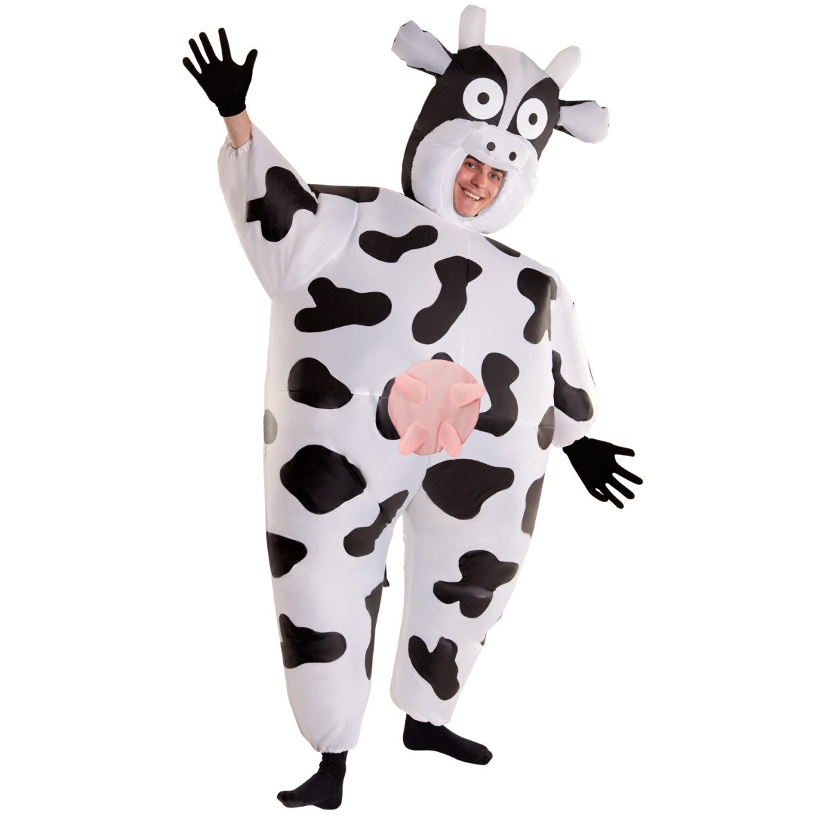 Adult in a giant inflatable cow costume with a large rounded body, standing in a crowd setting