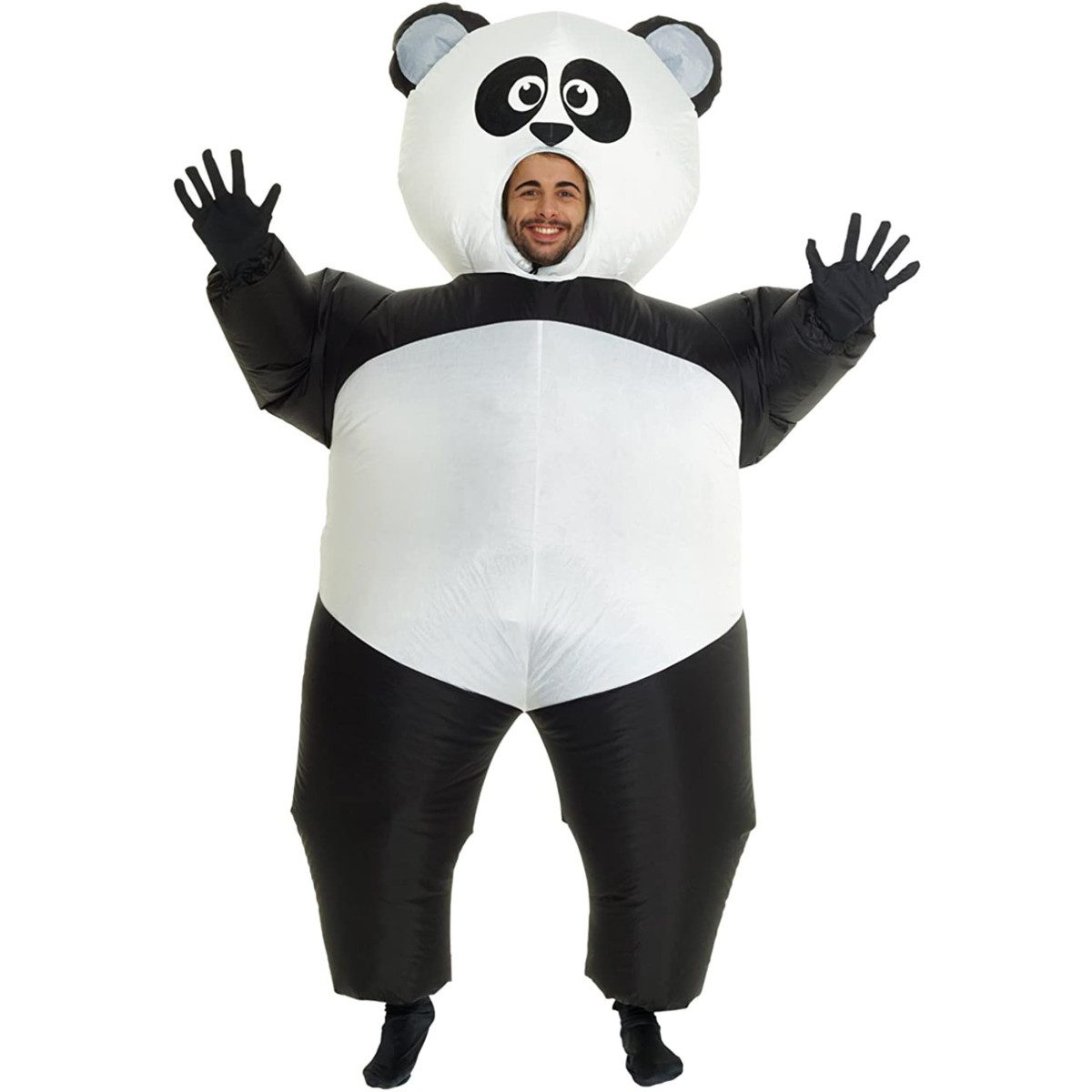 Adult in a tall giant panda inflatable costume standing on an outdoor route in daylight