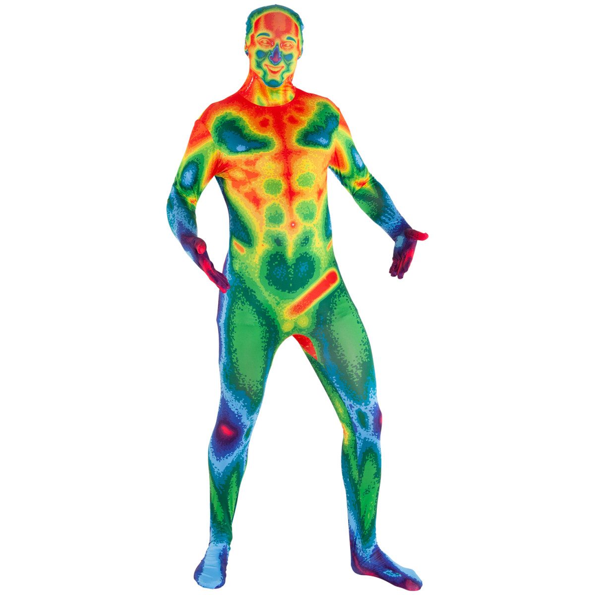 Person in an Infrared Morphsuit printed with a glowing thermal-vision heat map, shown head to toe