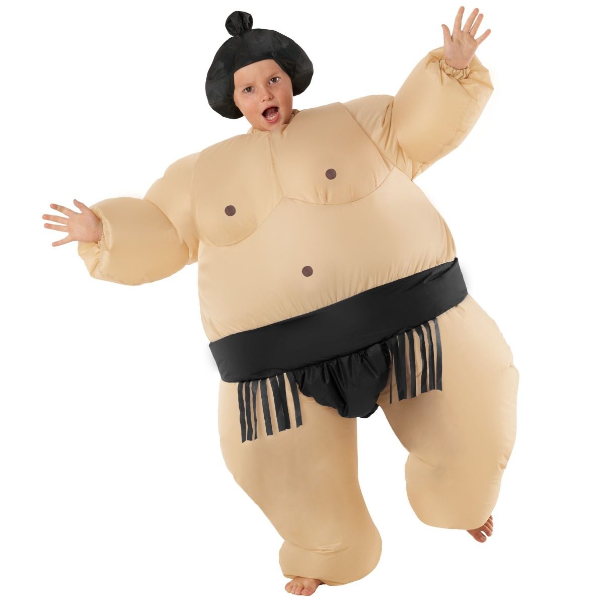 Child in a black inflatable sumo wrestler costume with an oversized padded body