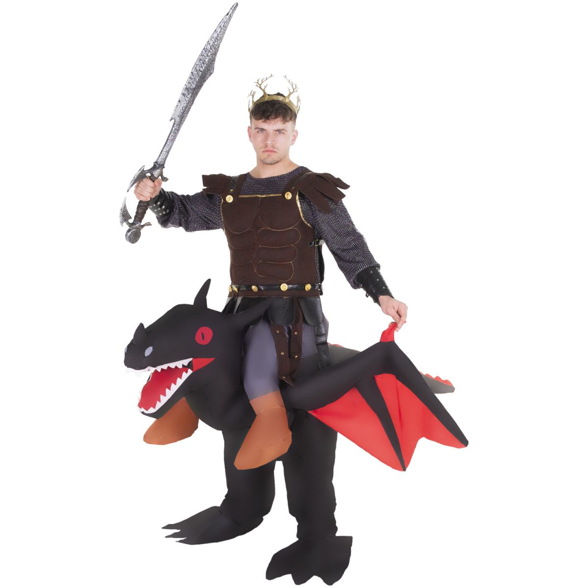 Adult in a black ride-on dragon inflatable costume that looks like the wearer is riding a dragon, with dangling rider legs