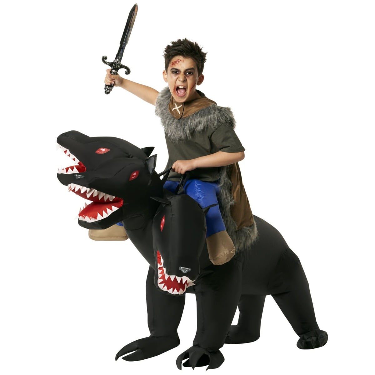 Child riding a black three-headed dog inflatable costume with red eyes and toothy jaws, sword raised