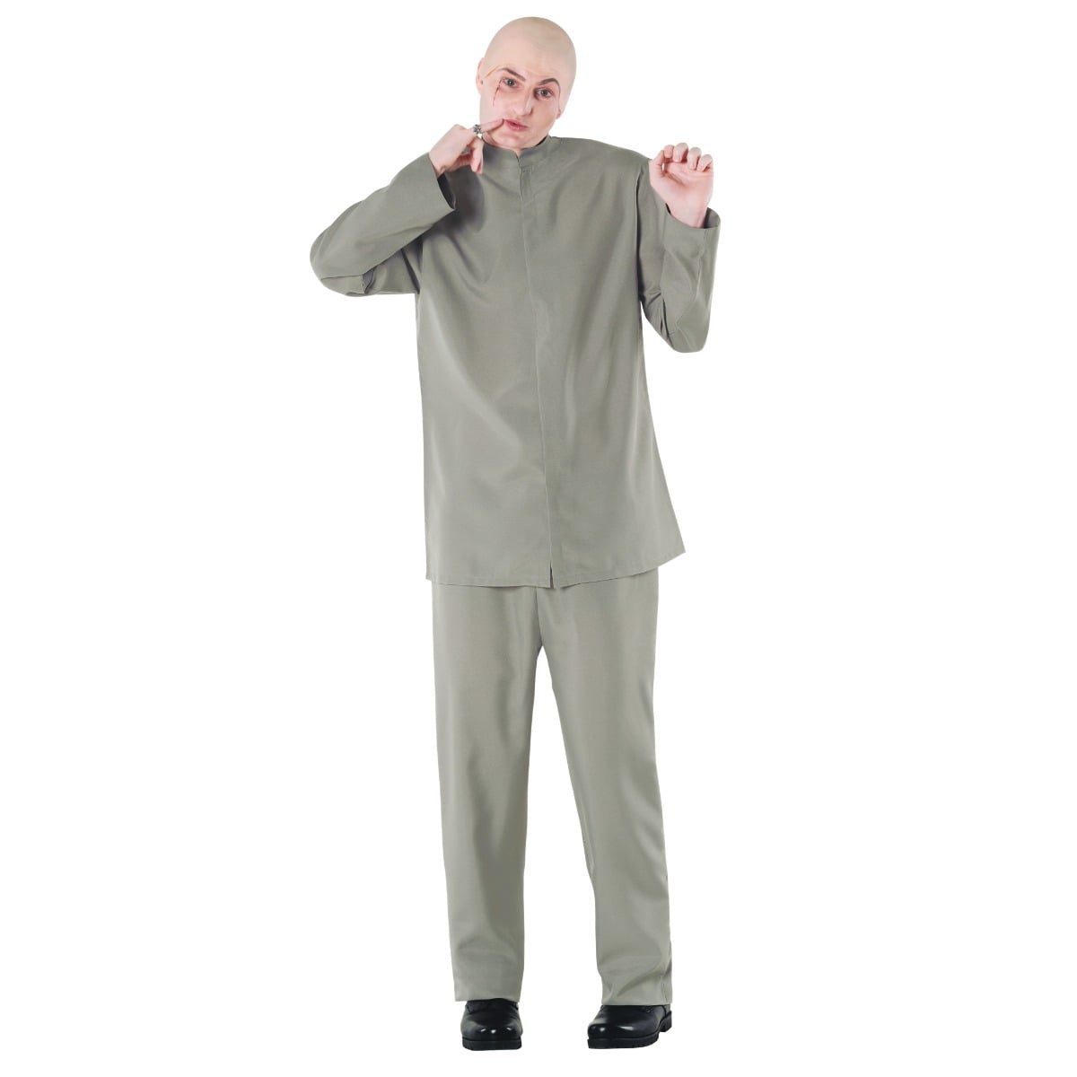 Man in a grey high-collared evil doctor suit with a baldcap, raising a pinky finger to his lip