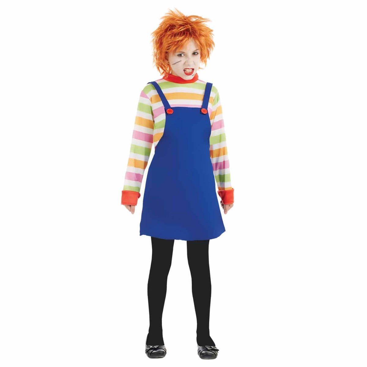 Girl in an evil doll costume with orange wig, striped long-sleeve top and blue dungaree dress with red buttons