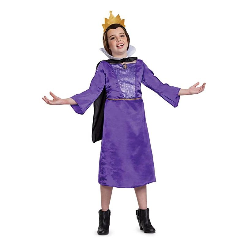 Child in a purple evil queen gown with sequinned bodice, white stand-up collar, black cape and gold crown, arms spread
