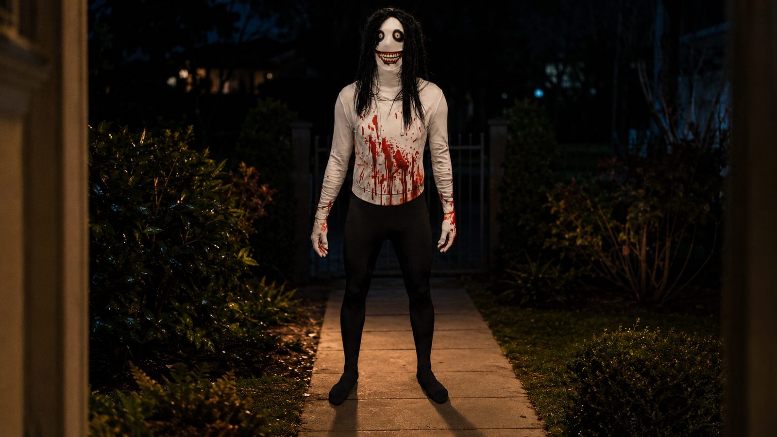 White-faced grinning killer Morphsuit figure standing under a porch light at night, seen from the doorstep