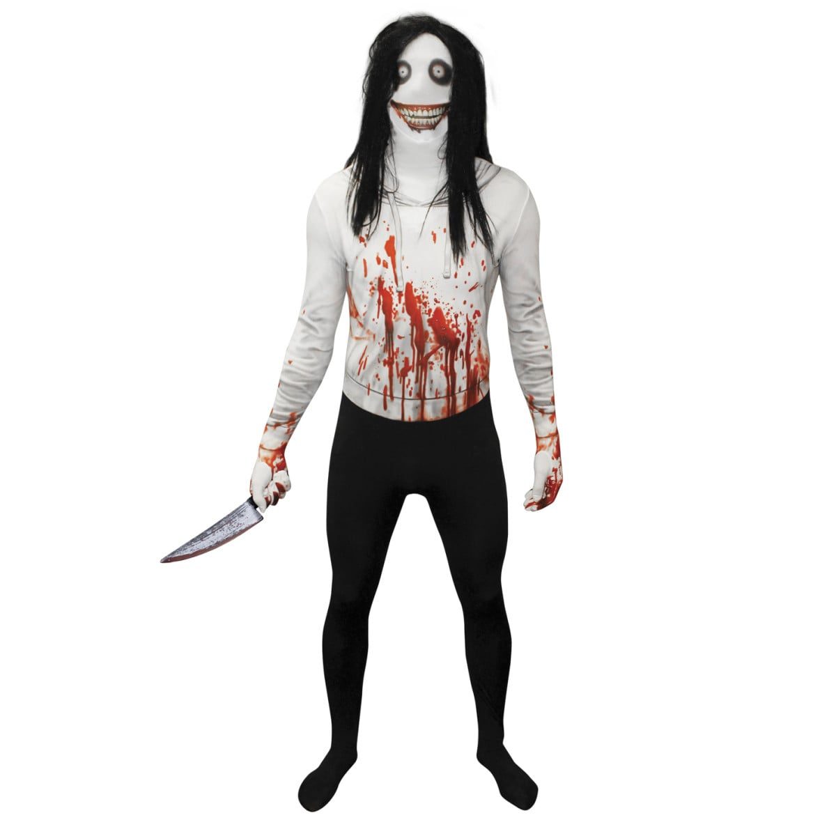 White-faced grinning killer Morphsuit with long black wig, blood-spattered white hoodie print and black legs