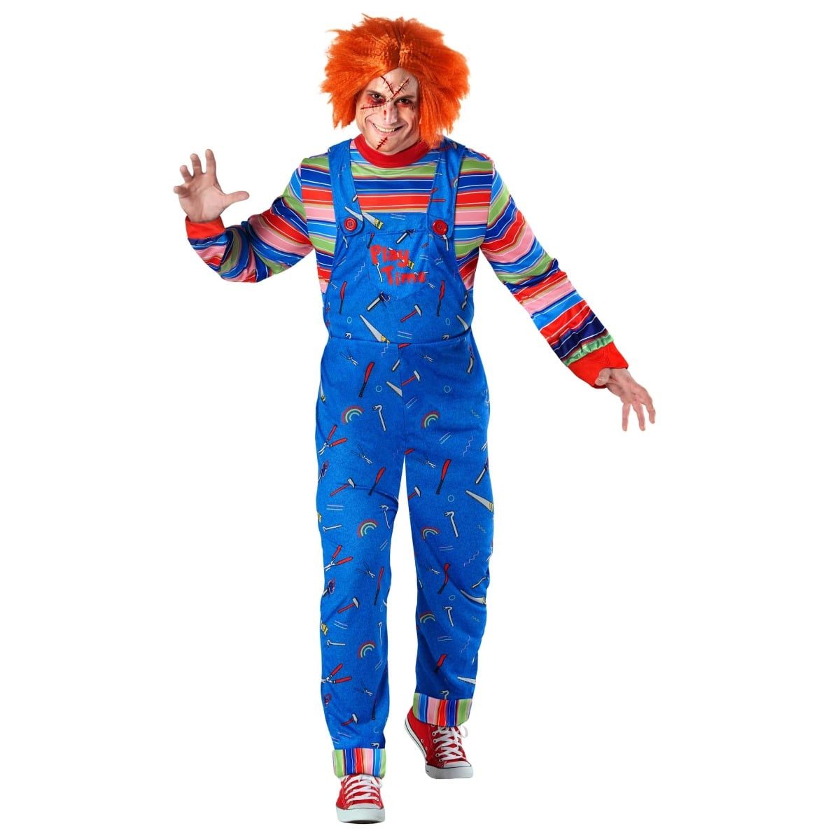 Man in a play time killer doll costume with shaggy ginger wig, striped top and blue tool-print overalls