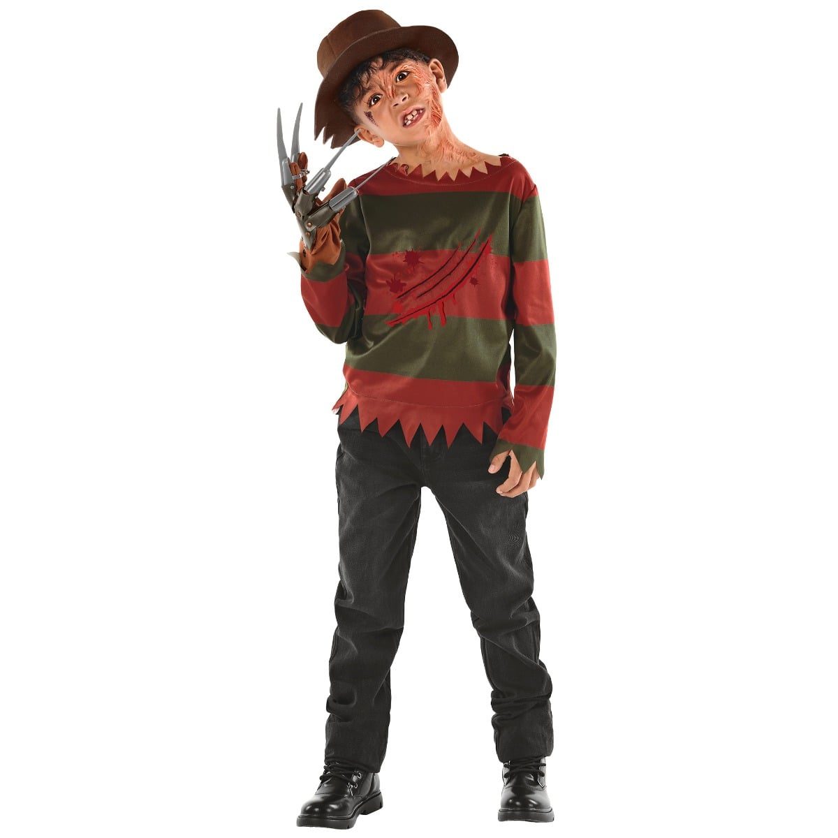 Child in an 80s nightmare killer costume with red and green striped slashed top, toy claw glove and tattered brown hat