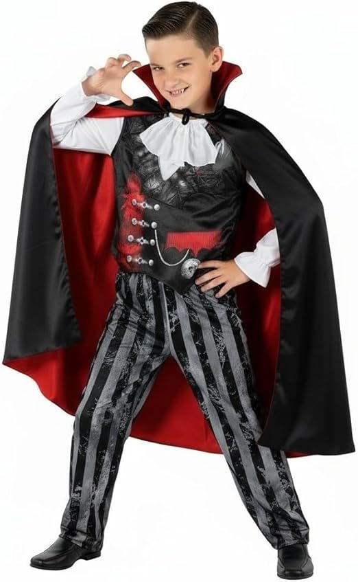 Boy in an evil count vampire costume with a red-lined black cape, ruffled shirt front, webbed waistcoat and striped trousers