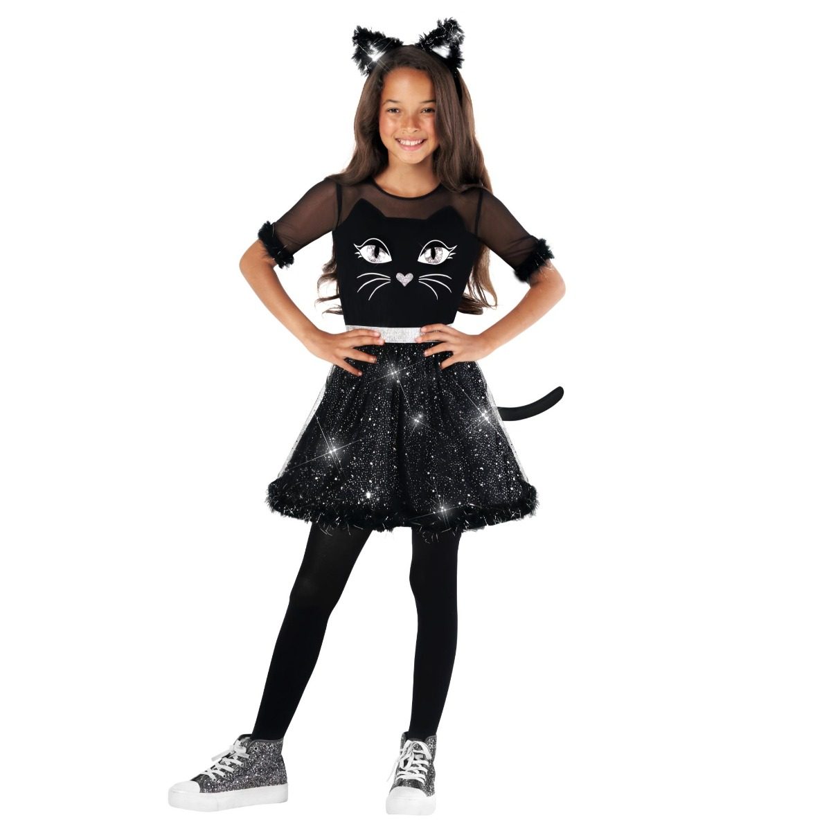 Kids glitter black cat dress costume, a black sparkle dress with a cat face print, a headband with cat ears and a tail, for a younger girl