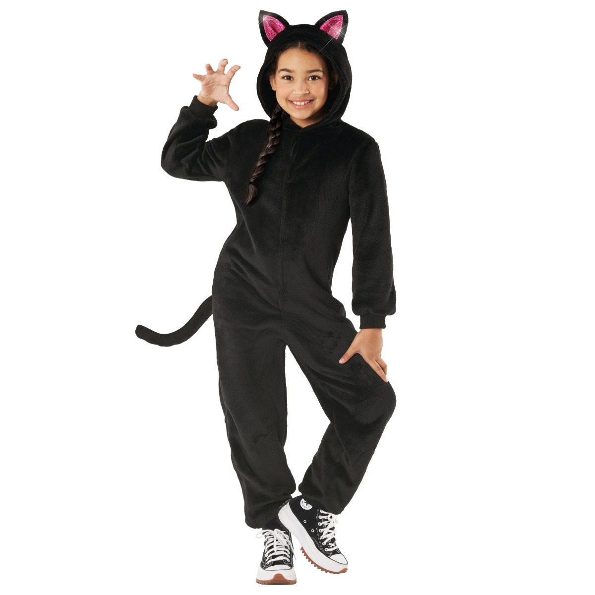 Black cat onesie costume for girls, a soft loose all-in-one in black with pointed cat ears built into the hood and a tail at the rear