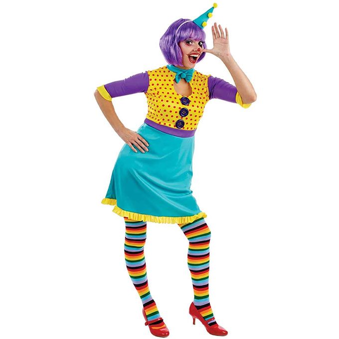 Womens cheeky clown costume, a colourful dress with attached braces, striped knee-high stockings, a red bow tie and a pointed party hat