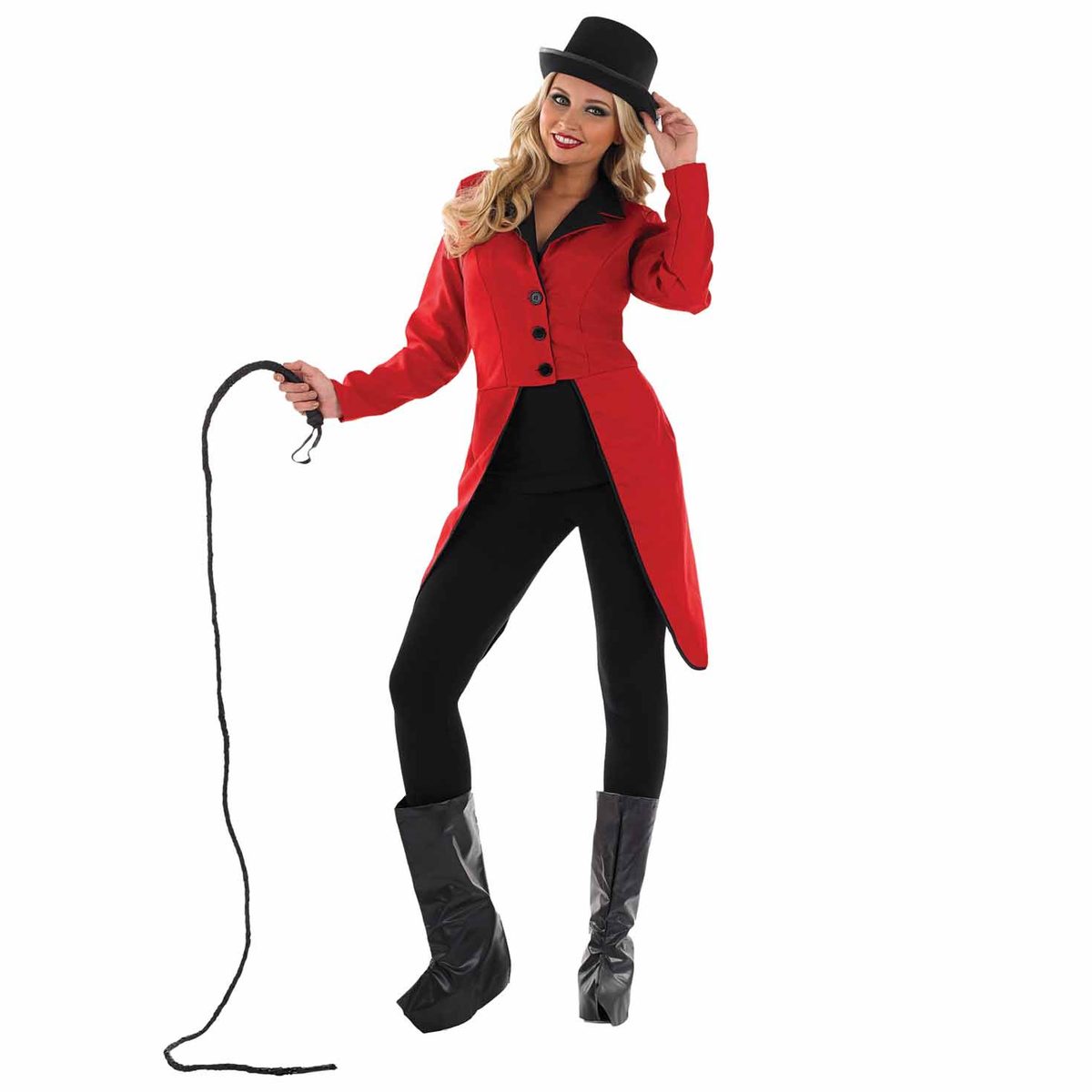 Womens circus ring master costume, a red tailcoat jacket cut in a classic ringmaster style