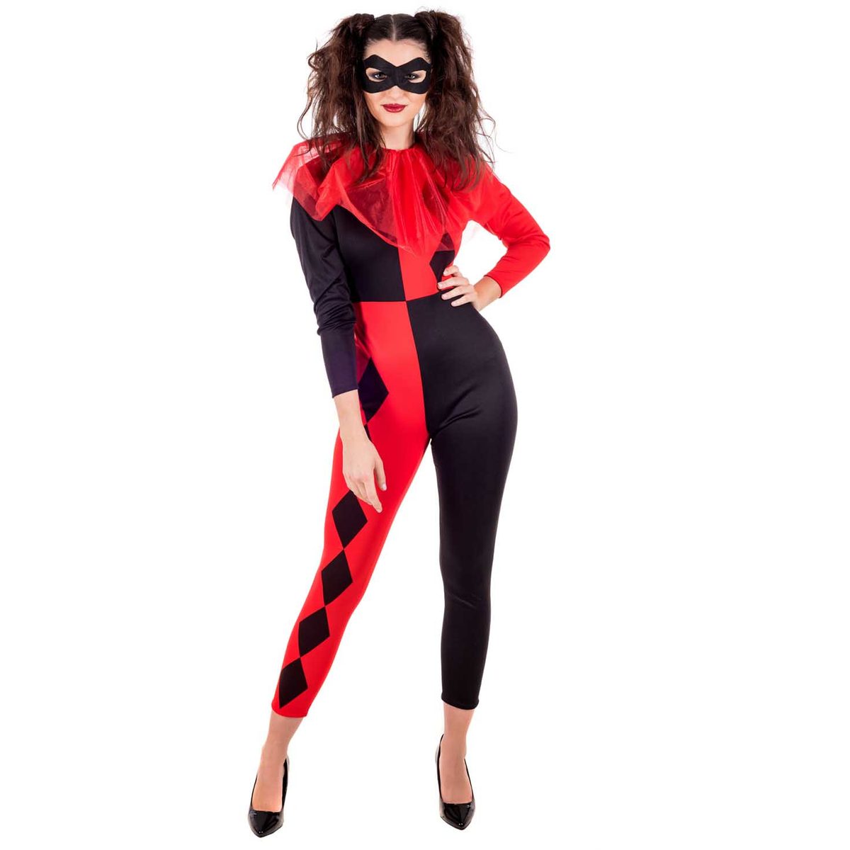 Womens red and black harlequin jumpsuit costume, an all-in-one diamond-print catsuit with a red neck ruffle and a black eye mask