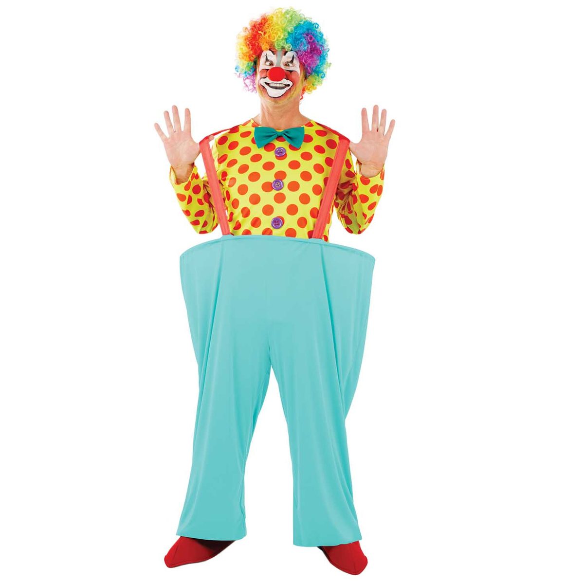 Mens classic clown costume, a polka dot shirt with an attached bow tie, light blue trousers with a hooped waist and suspenders, a multicoloured curly wig and a red clown nose