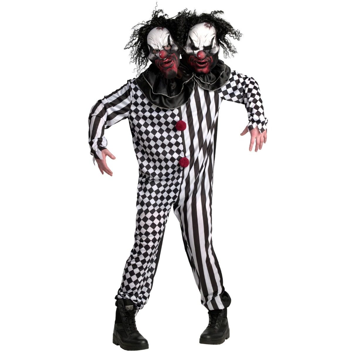 Mens two headed clown costume, a distressed black and white harlequin jumpsuit with jagged stripe patterns, oversized red pom poms and a self-stuffed second head on a terrifying clown mask